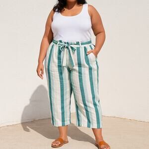 J.Crew 100% Linen Striped Wide Leg Crop Pants Women’s 14 Teal White